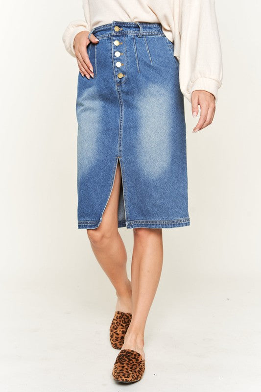 Denim Midi Skirt Button Down Front