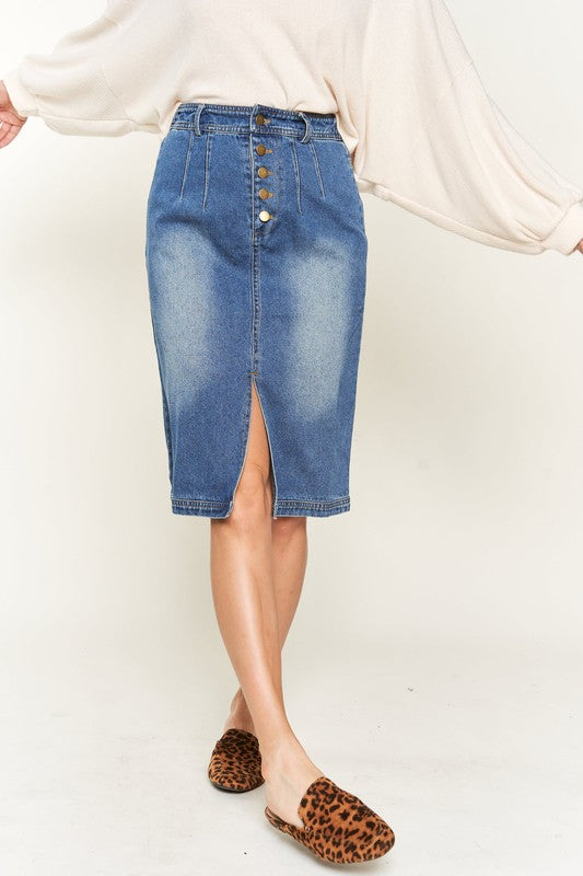 Denim Midi Skirt Button Down Front