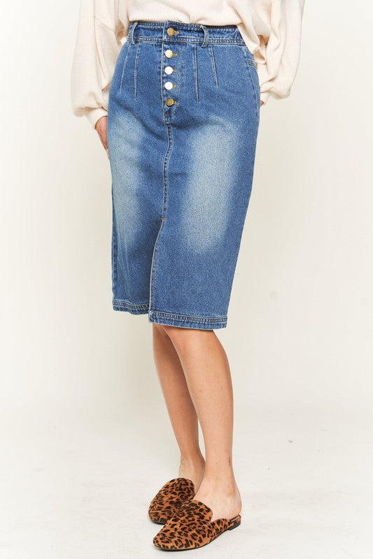 Denim Midi Skirt Button Down Front