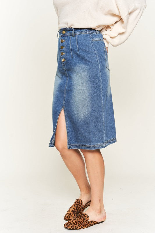 Denim Midi Skirt Button Down Front