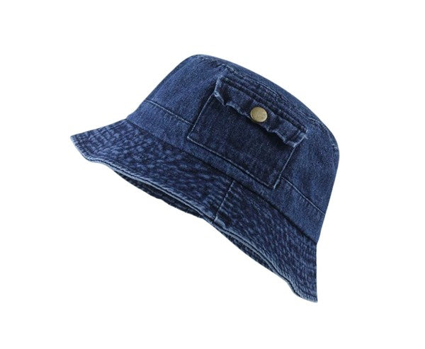 Denim Bucket Hat-Washed Denim Bucket Hat Pocket Accent