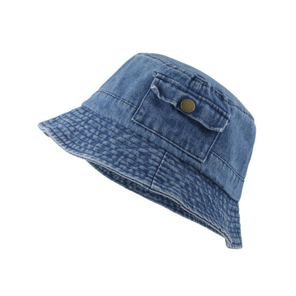 Denim Bucket Hat-Washed Denim Bucket Hat Pocket Accent