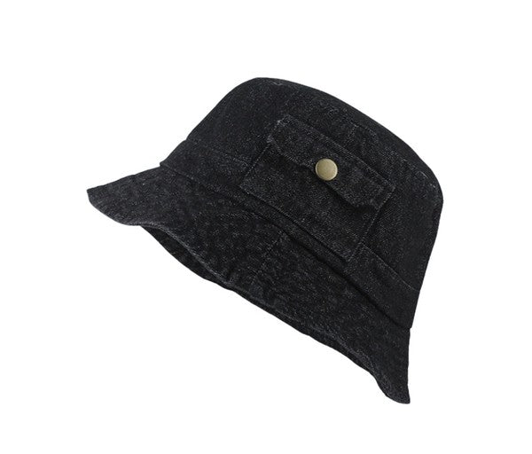 Denim Bucket Hat-Washed Denim Bucket Hat Pocket Accent