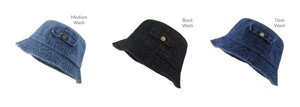 Denim Bucket Hat-Washed Denim Bucket Hat Pocket Accent