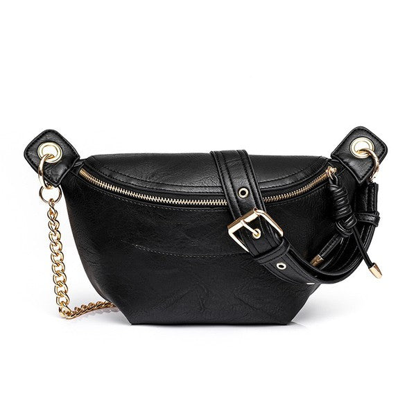 Crossbody Convertible-Luxe Vegan Leather Sling-Fanny Bag with Gold Chain Accent