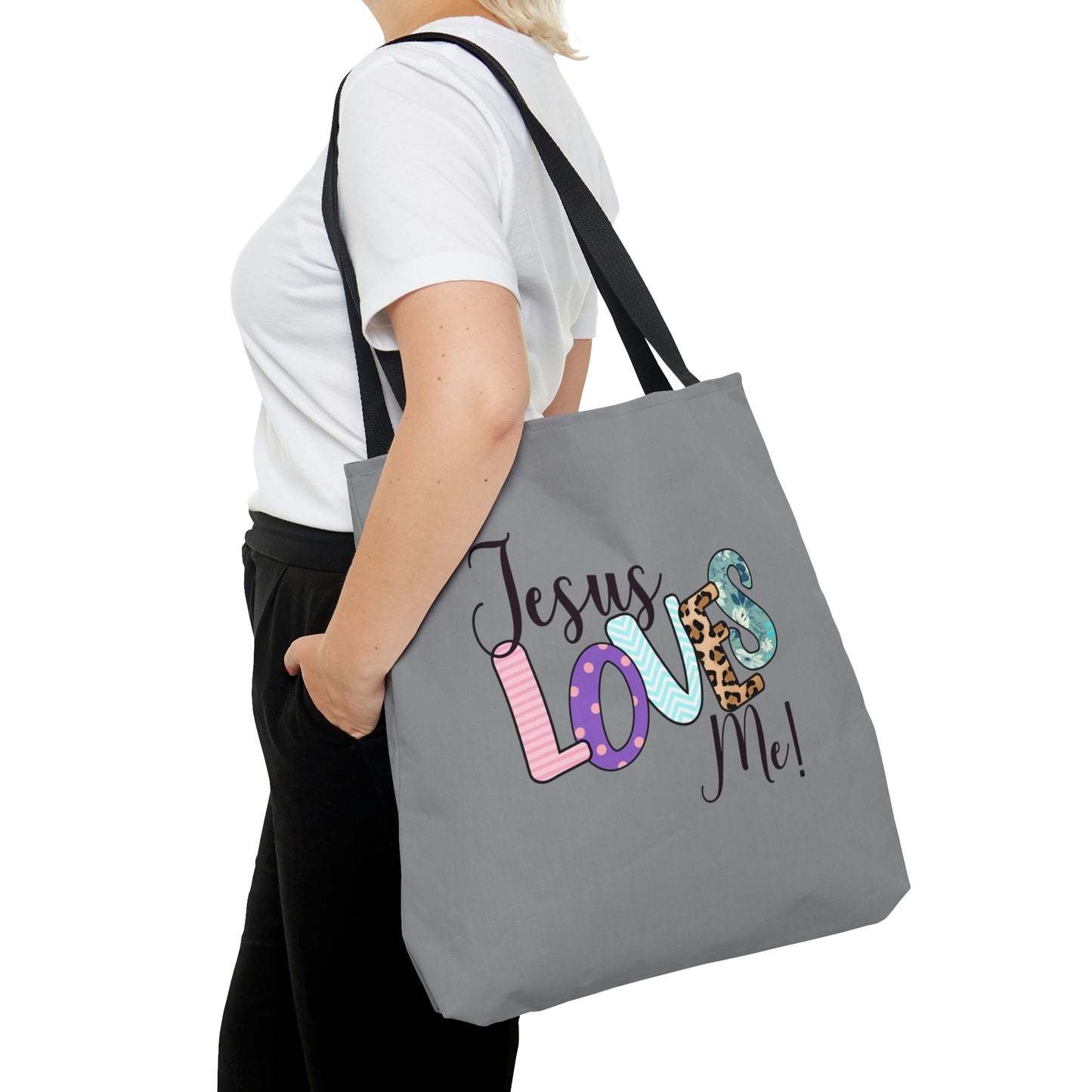 Jesus Love Me Tote AOP Gray Tote Bag Book Tote Bag All Purpose Tote Women's Tote Youth Tote Gender Neutral Tote