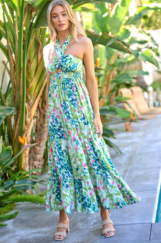 Maxi Dress Printed Smocked Ruffle