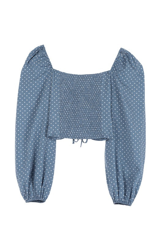 Ruched Polka Dot Crop Top w/ Puff Sleeves