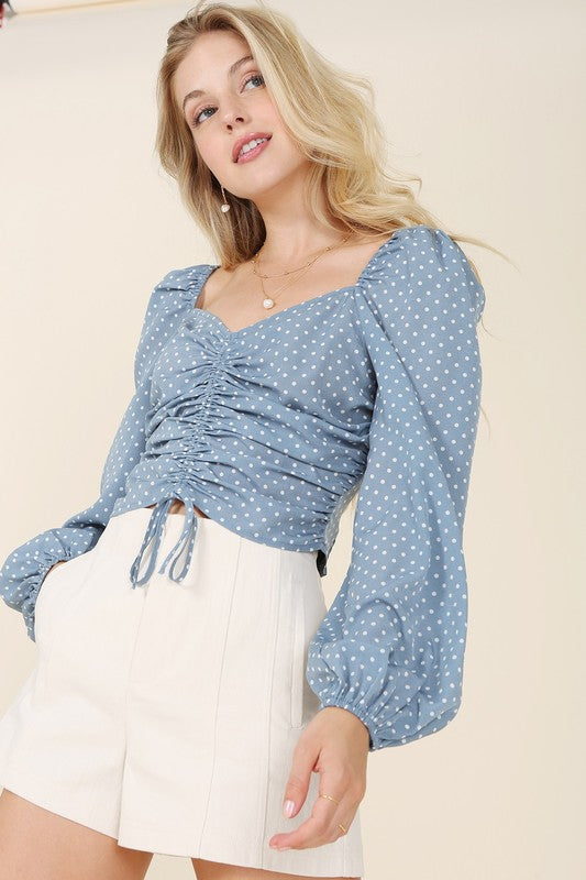 Ruched Polka Dot Crop Top w/ Puff Sleeves