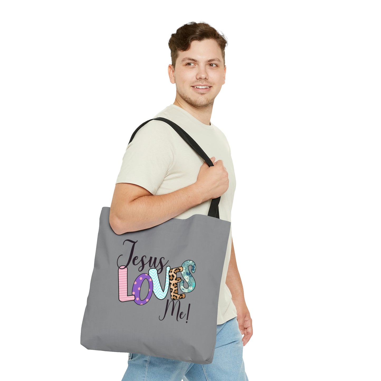 Jesus Love Me Tote AOP Gray Tote Bag Book Tote Bag All Purpose Tote Women's Tote Youth Tote Gender Neutral Tote