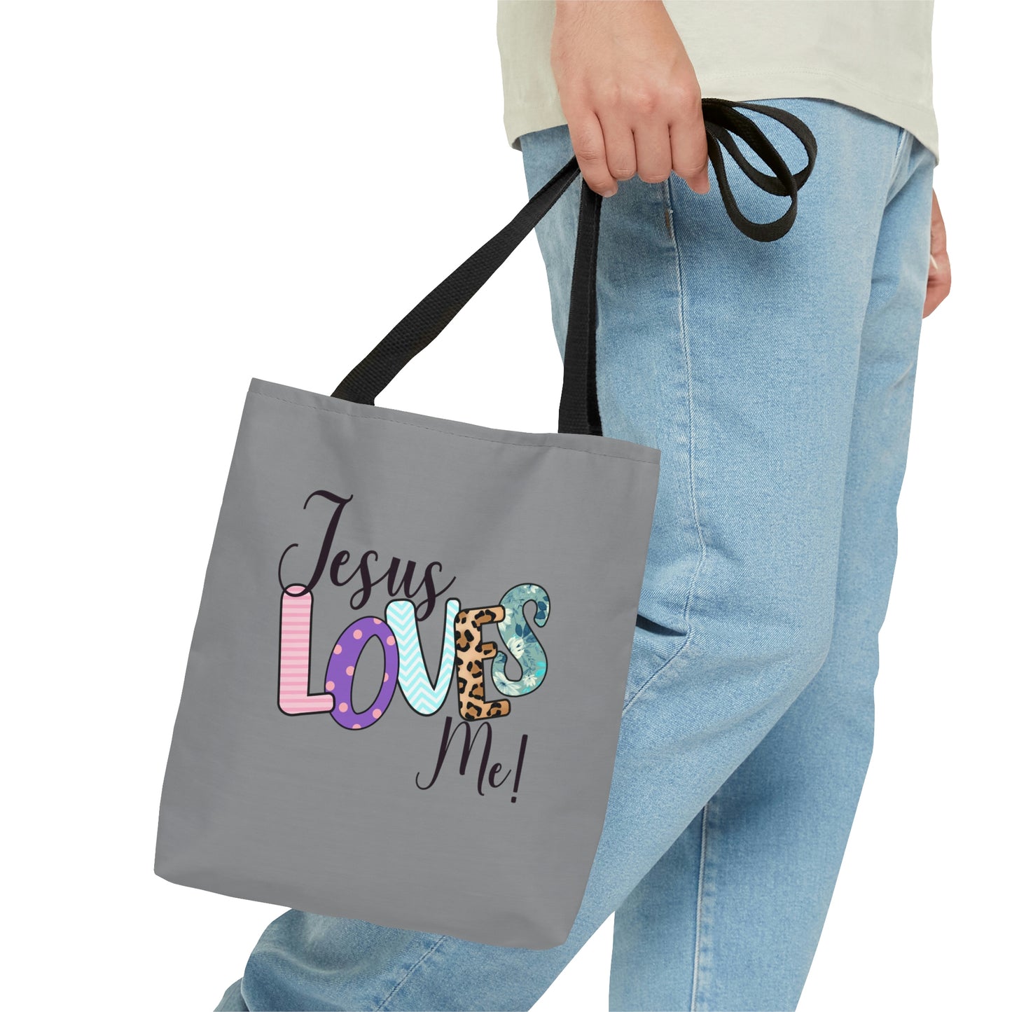 Jesus Love Me Tote AOP Gray Tote Bag Book Tote Bag All Purpose Tote Women's Tote Youth Tote Gender Neutral Tote